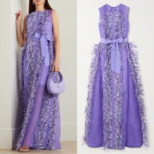 Huishan Zhang Beau Ostrich Feather Embellished Silk Organza Gown Size 6 NWT